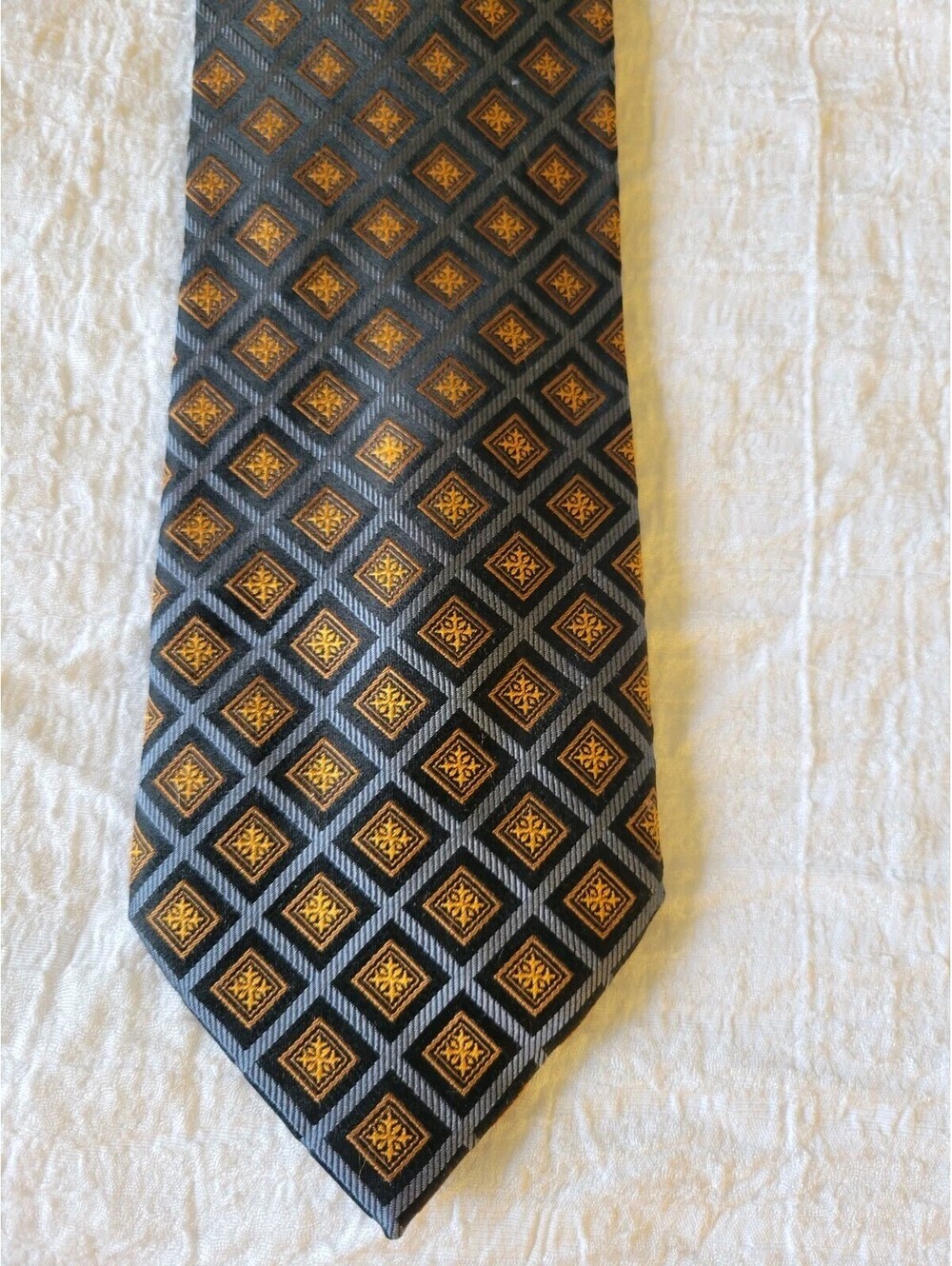 Henry Jacobson Men's Silk Tie Gray Gold Black Geometric Diamond Medallion...